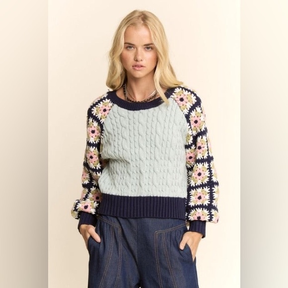 DAVI & DANI Sweaters - Crochet Sleeve Granny Square Cable Knit Sweater - Davi & Dani